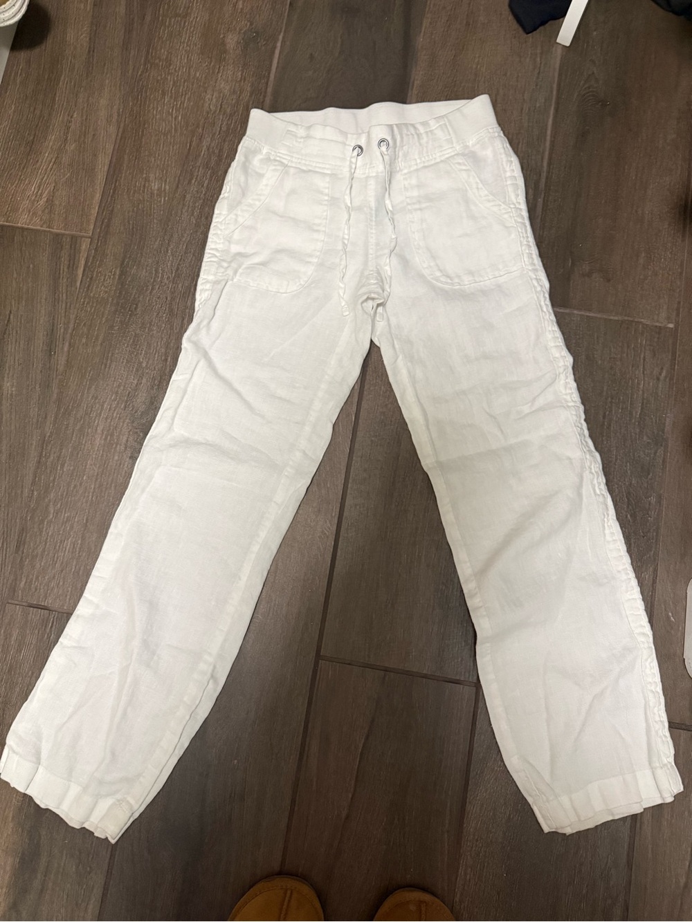 Athleta-White Linen Straight Leg Mid-rise Pants w/drawstrings & pockets-size 0